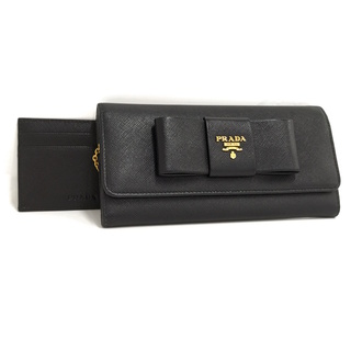 プラダ(PRADA)のPRADA サフィアーノフィオッコ リボン 二つ折り長財布 レザー ブラック(財布)
