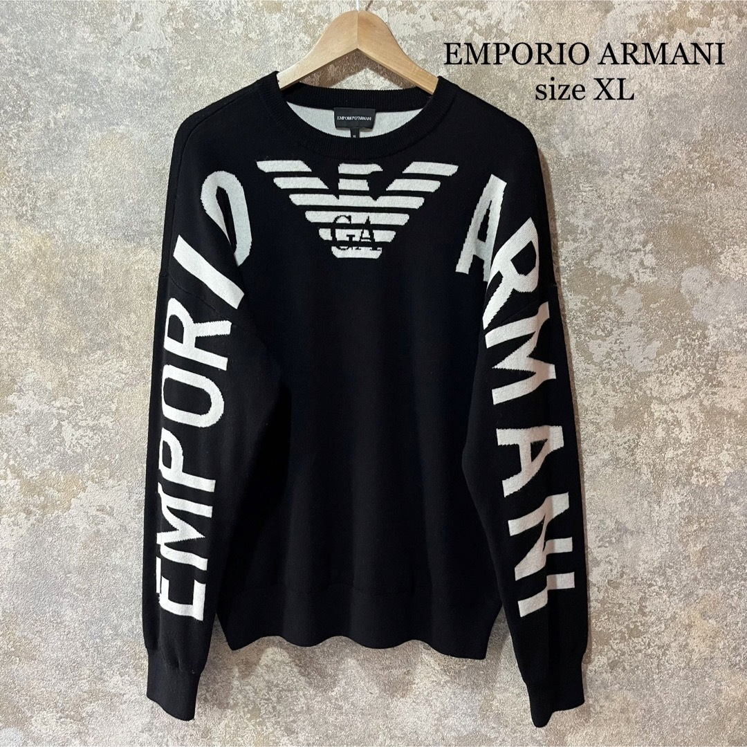 美品 エンポリオ・アルマーニ 総柄ロゴ 長袖ニットセーター メンズ ネイビー L Emporio Armani