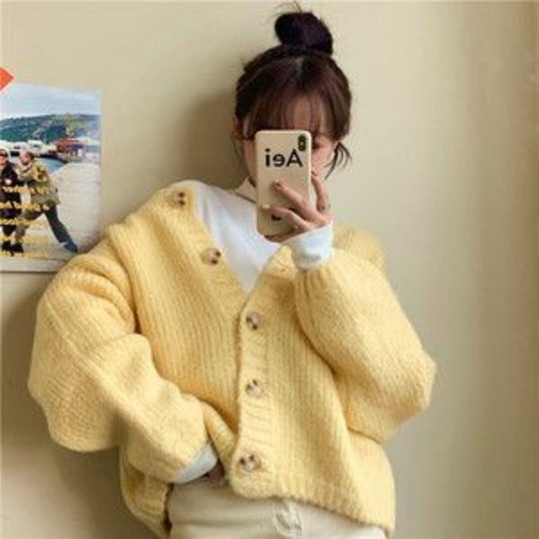ニット カーディガン 韓国 オルチャン ふわふわ 黄色 イエロー　FREE レディースのトップス(ニット/セーター)の商品写真
