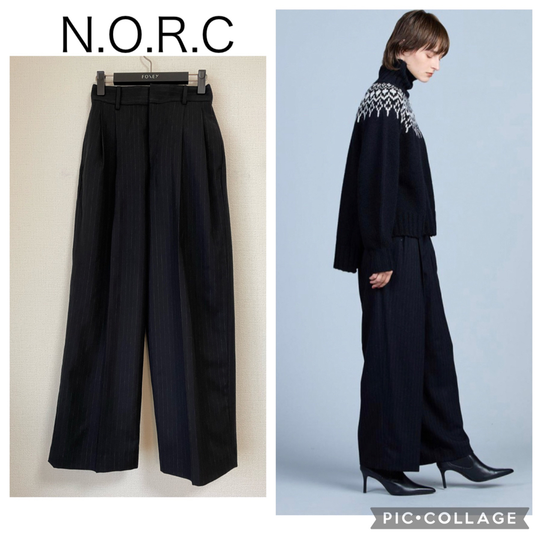 N.O.R.C(ノーク)の【新品】N.O.R.C ノーク ツータックパンツ ブラック ストライプ レディースのパンツ(カジュアルパンツ)の商品写真