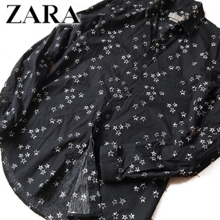 オシャレ【ザラ】ZARA 英字 テキスト ロゴ 半袖シャツ 海 太陽 M 白×黒