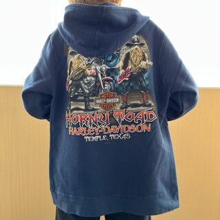 希少 Harley Davidson ジップパーカー ラインストーン クロス 青