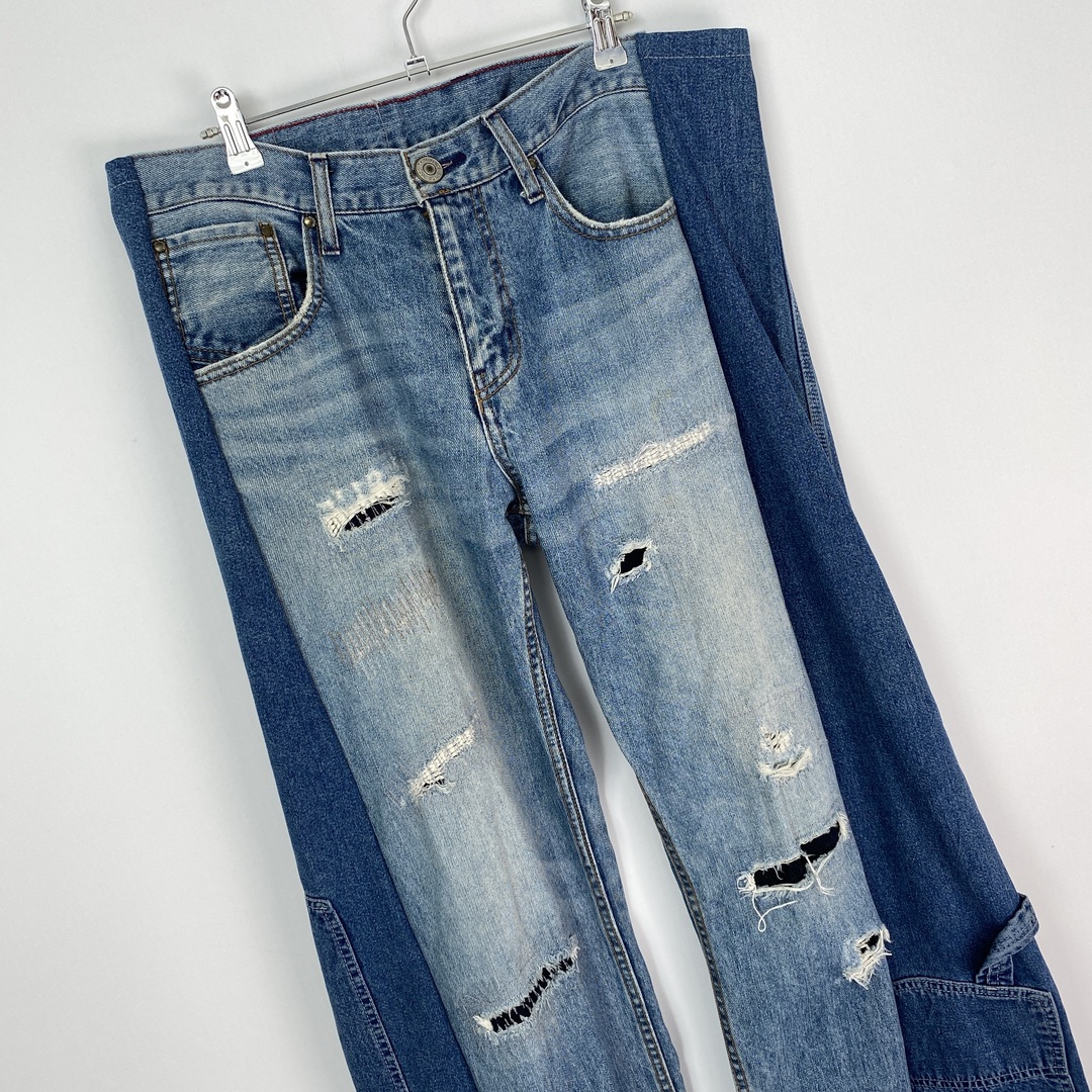 リメイクデニムパンツ ダメージ 再構築 青 古着】-