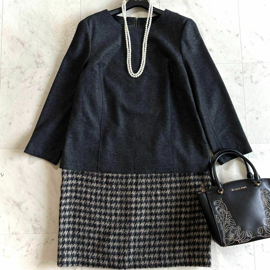 極美品*23区 大きいサイズ44 ウール×千鳥格子 ドッキングワンピース グレー | フリマアプリ ラクマ