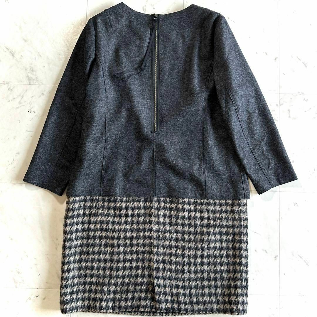 極美品*23区 大きいサイズ44 ウール×千鳥格子 ドッキングワンピース グレー