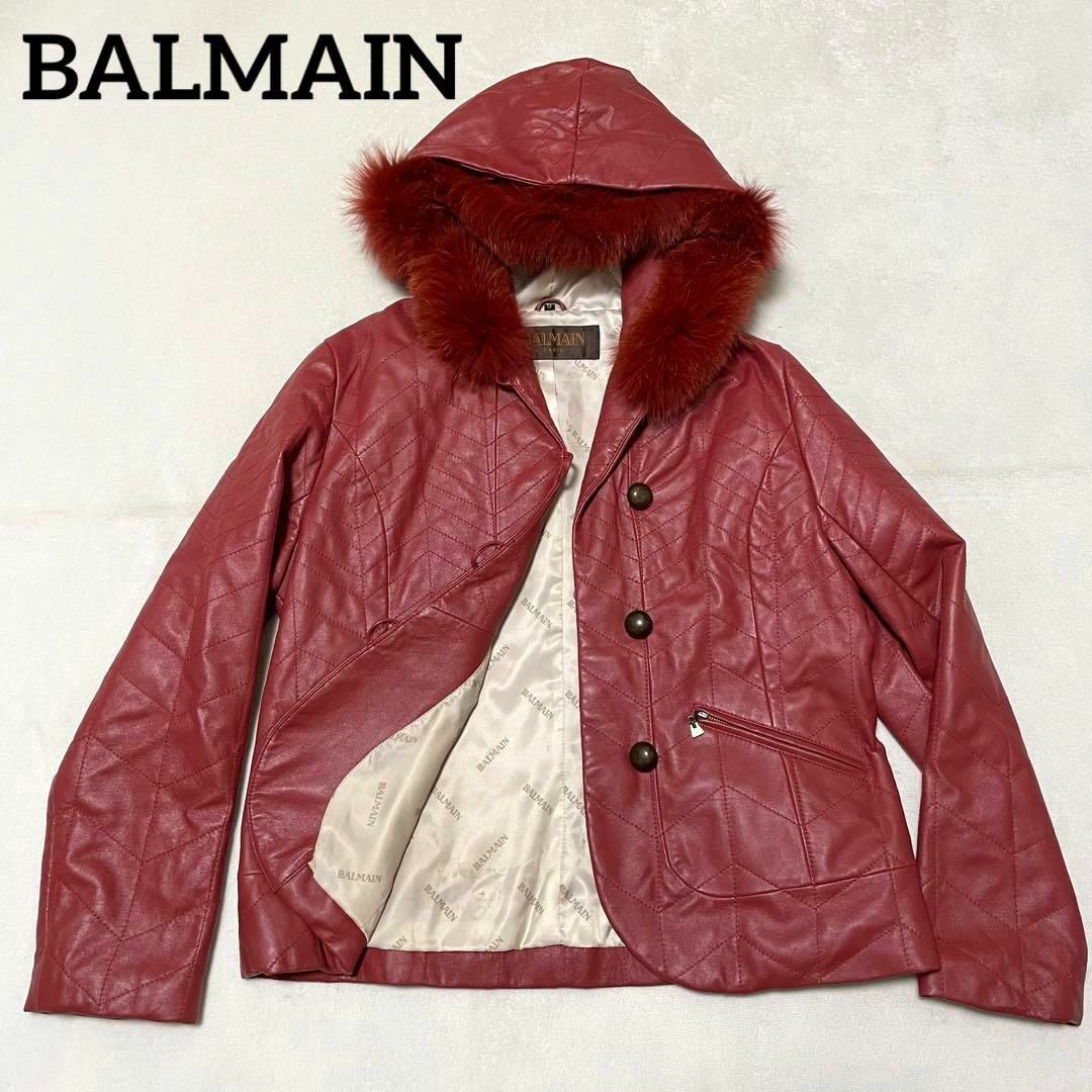 BALMAIN(バルマン)の644 【高級】バルマン ラムレザージャケット 赤 フォックスファー 13 XL レディースのジャケット/アウター(その他)の商品写真