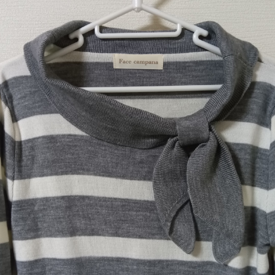 薄手ボーダーニットセーター　襟♡前リボン レディースのトップス(ニット/セーター)の商品写真