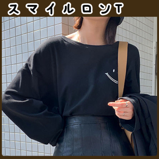 長袖 Ｔ ロンTシャツ k レディース 黒 スマイル ビック シルエット(Tシャツ(長袖/七分))