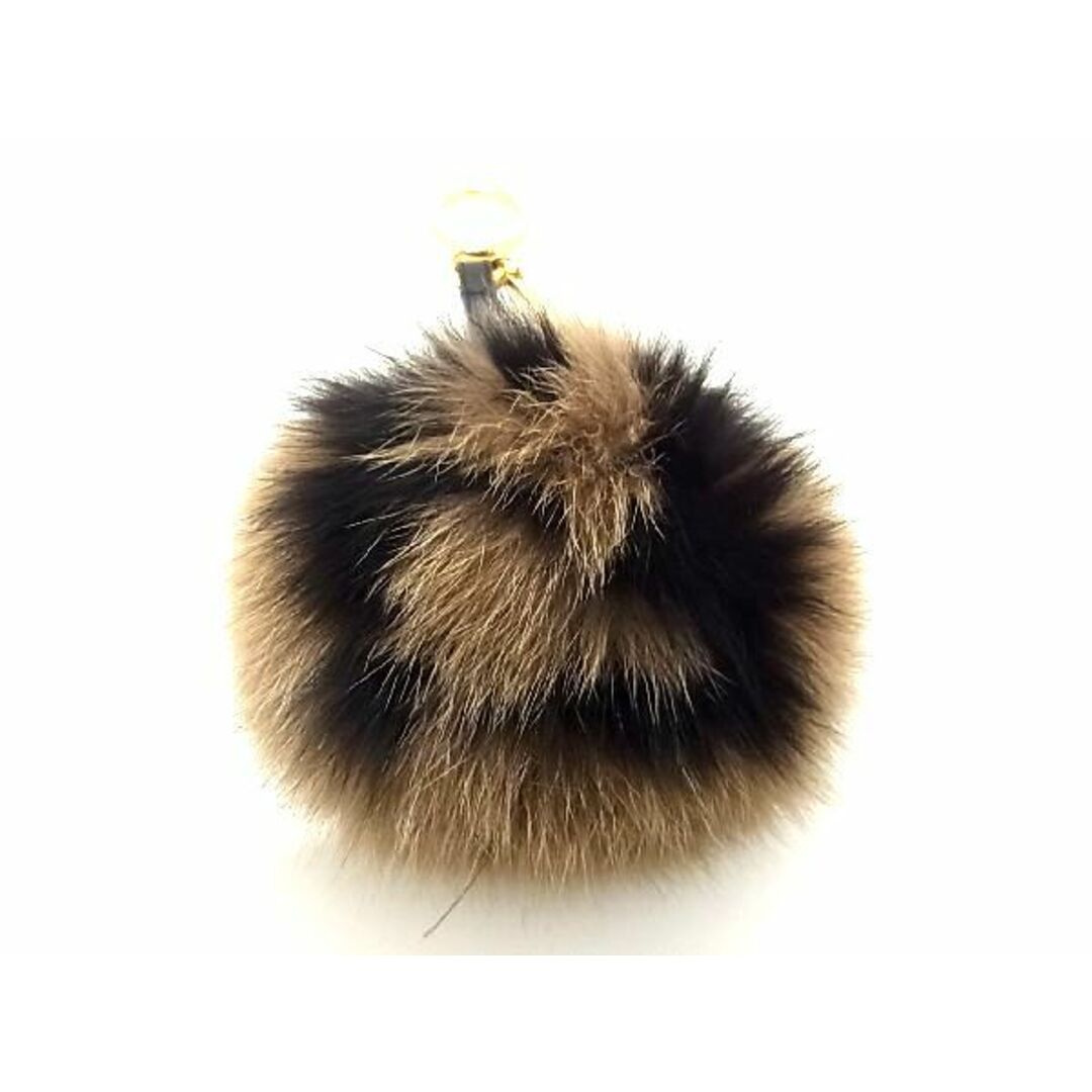 ■美品■ FENDI フェンディ ファー×レザー ポンポンチャーム キーホルダー キーリング ブラウン系×ブラック系 AQ4947