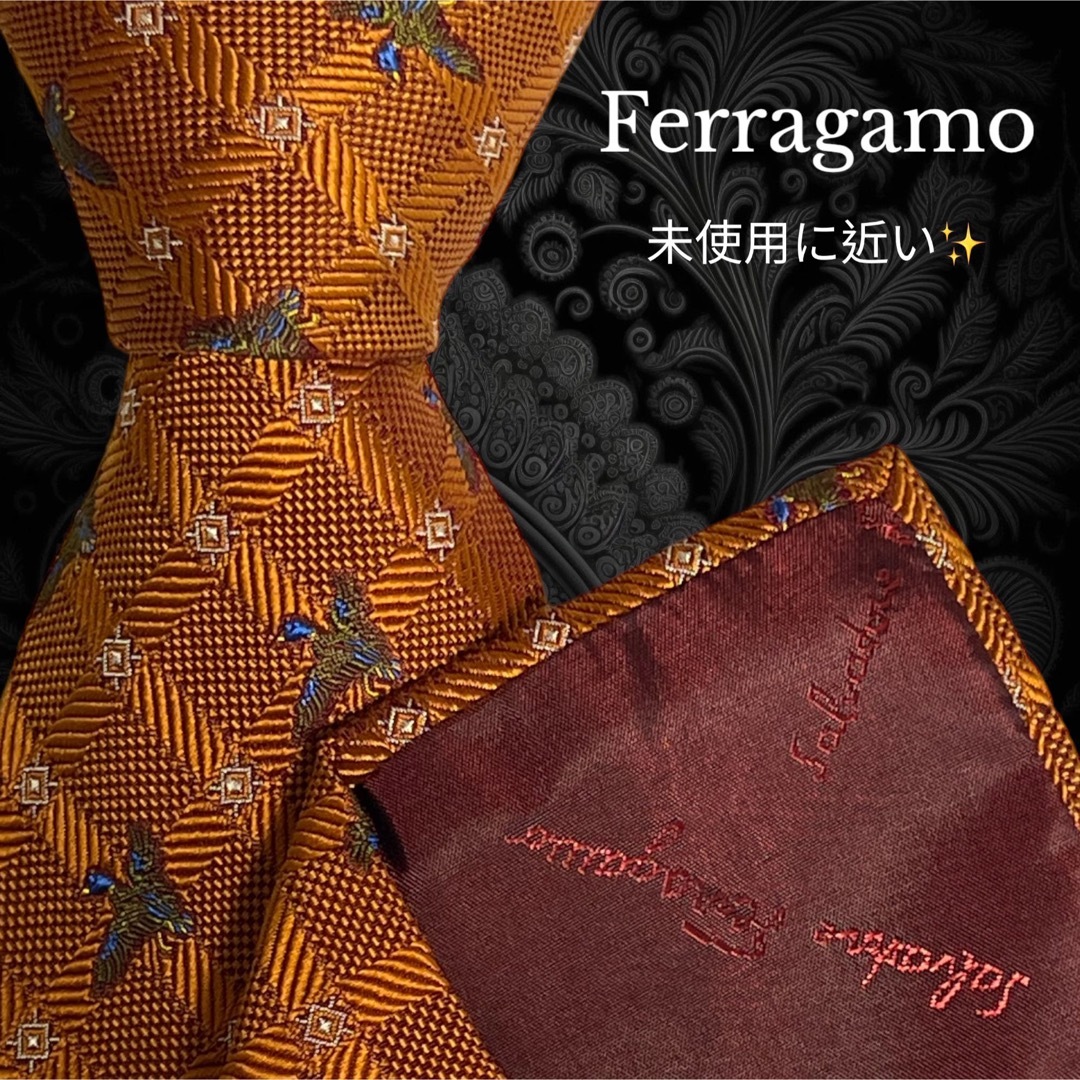 ✨極美品✨ Ferragamo イタリア製 オレンジ色 鳥柄 チェック系