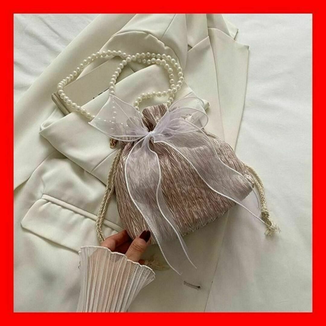 くすみピンク リボン パールベルト 巾着 ショルダーバッグ パーティーバッグ レディースのファッション小物(ポーチ)の商品写真