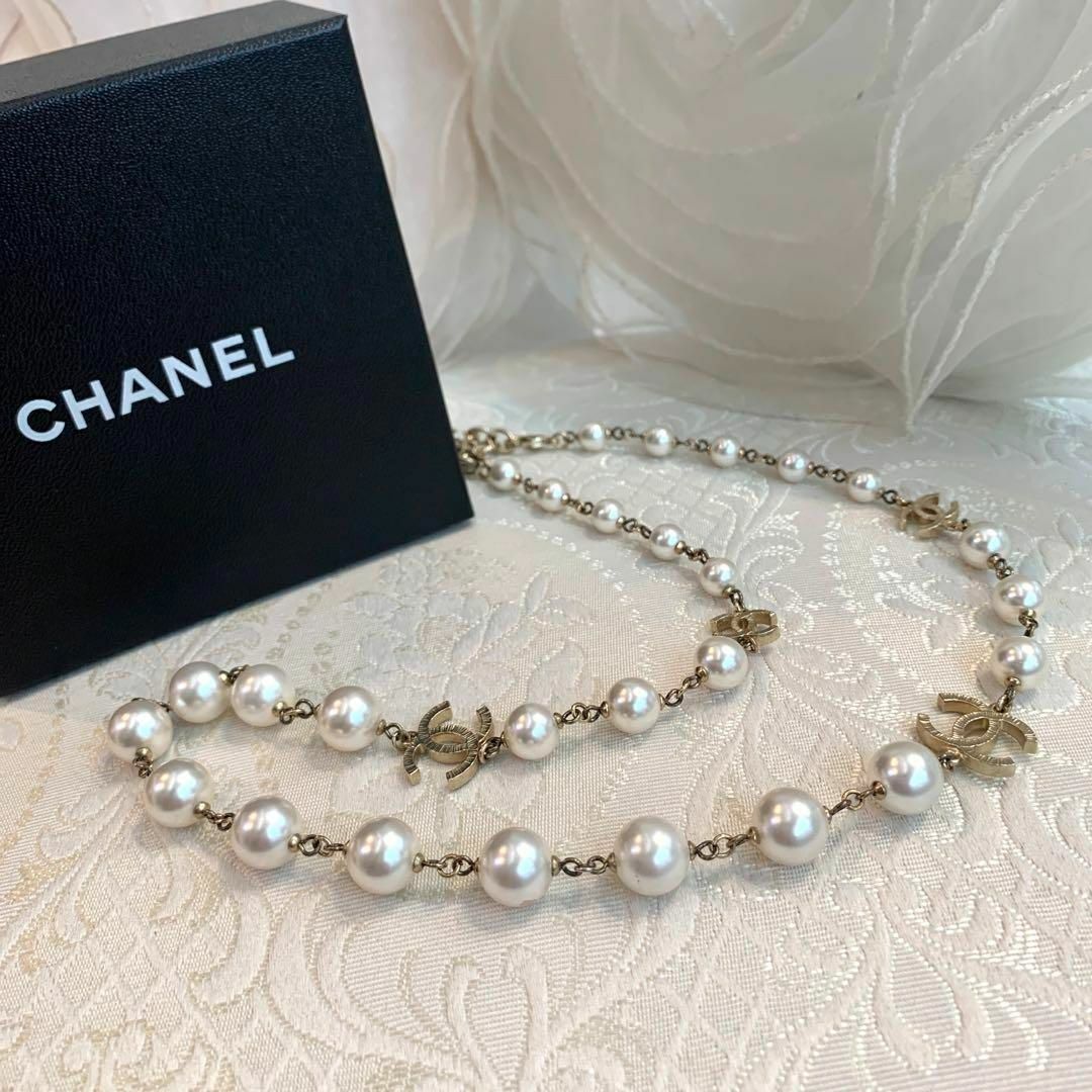 ☆美品☆CHANEL フェイクパール ロングネックレス ココマーク A18 A