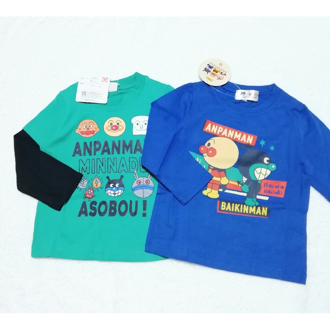 アンパンマン(アンパンマン)の新品　90!cm　アンパンマン　長袖Tシャツ2枚セット　ブルー×グリーン キッズ/ベビー/マタニティのキッズ服男の子用(90cm~)(Tシャツ/カットソー)の商品写真