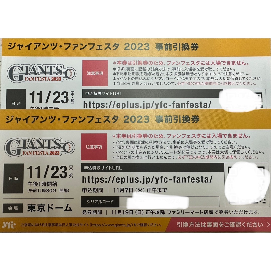 ジャイアンツファンフェスタ2023事前引換券チケット2枚