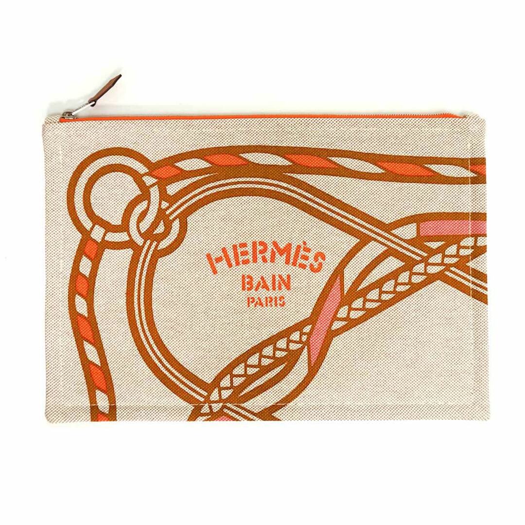 Hermes(エルメス)のエルメス トレサージュ マラン GM フラットポーチ クラッチバッグ 紐 ロープ柄 コットン タン オレンジ ローズ ライトブラウン ベージュ ピンク 茶 シルバー金具 HERMES（新品・未使用品） レディースのファッション小物(ポーチ)の商品写真