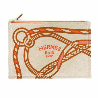 エルメス(Hermes)のエルメス トレサージュ マラン GM フラットポーチ クラッチバッグ 紐 ロープ柄 コットン タン オレンジ ローズ ライトブラウン ベージュ ピンク 茶 シルバー金具 HERMES（新品・未使用品）(ポーチ)