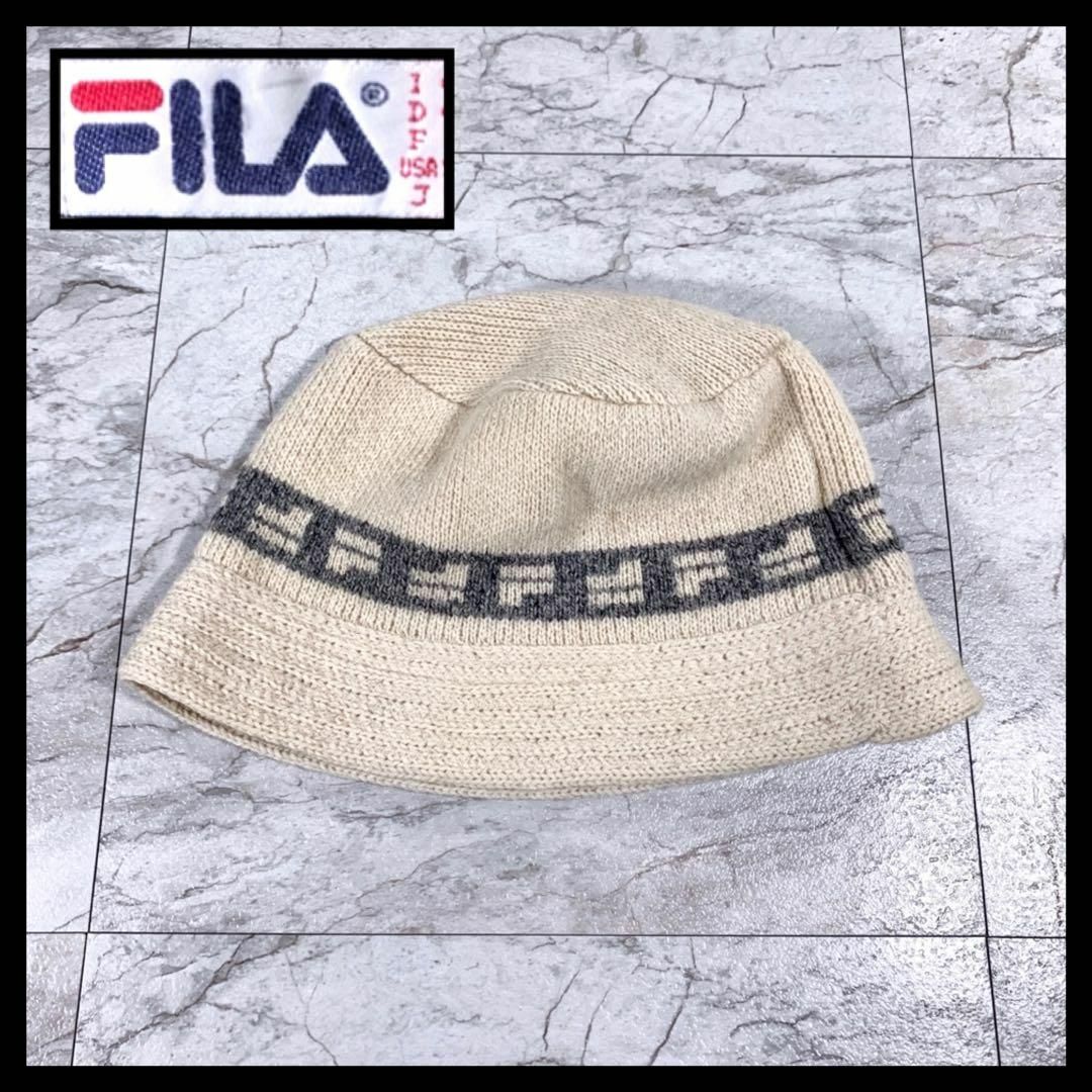 90s FILA ウール クラッシャーハット ニット 帽子 白 アイボリー