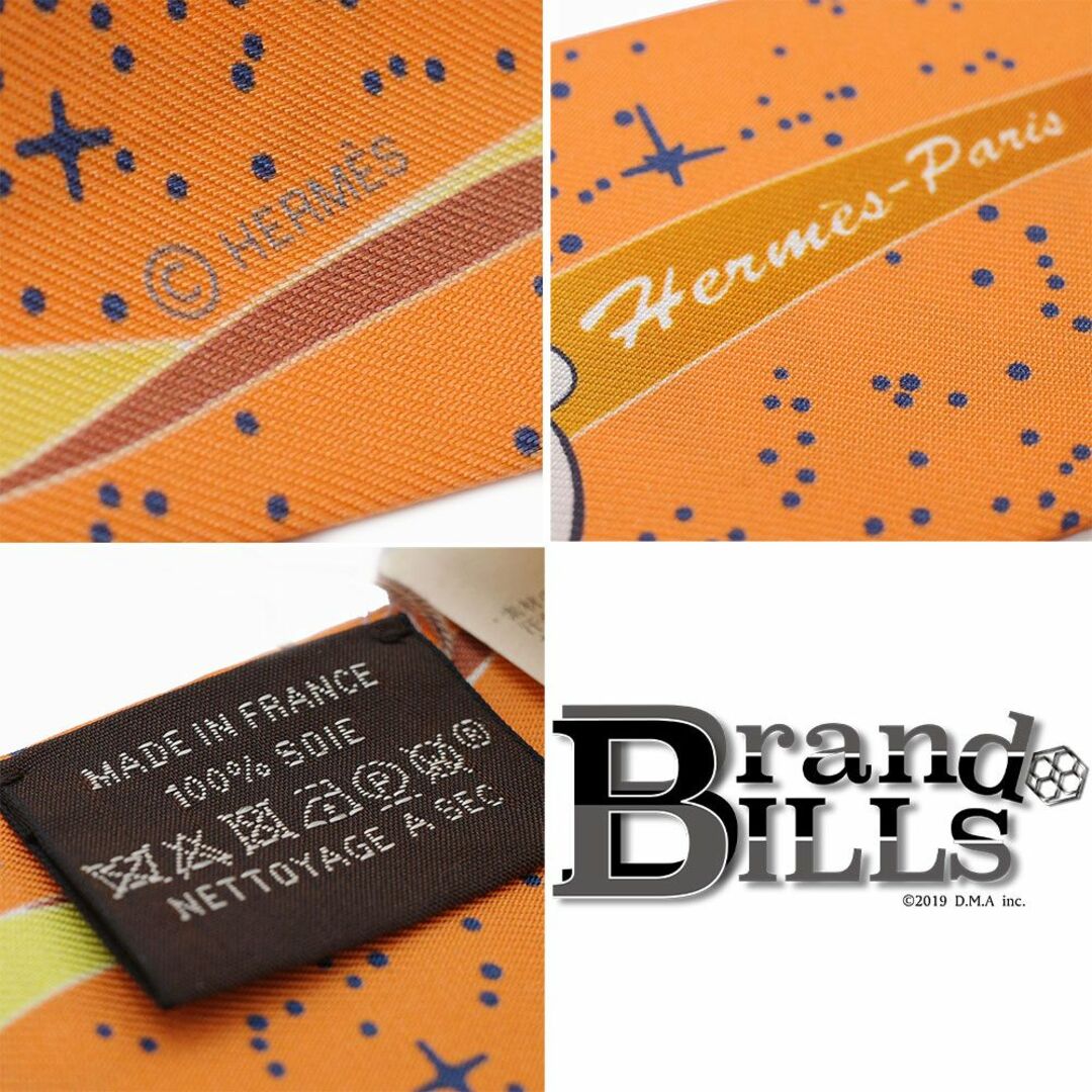 Hermes(エルメス)の未使用品 エルメス ツイリー スペースダービー 063573S リボンスカーフ シルク オレンジ ジョーヌ ブルー 馬車 ジョッキー レディースのファッション小物(バンダナ/スカーフ)の商品写真