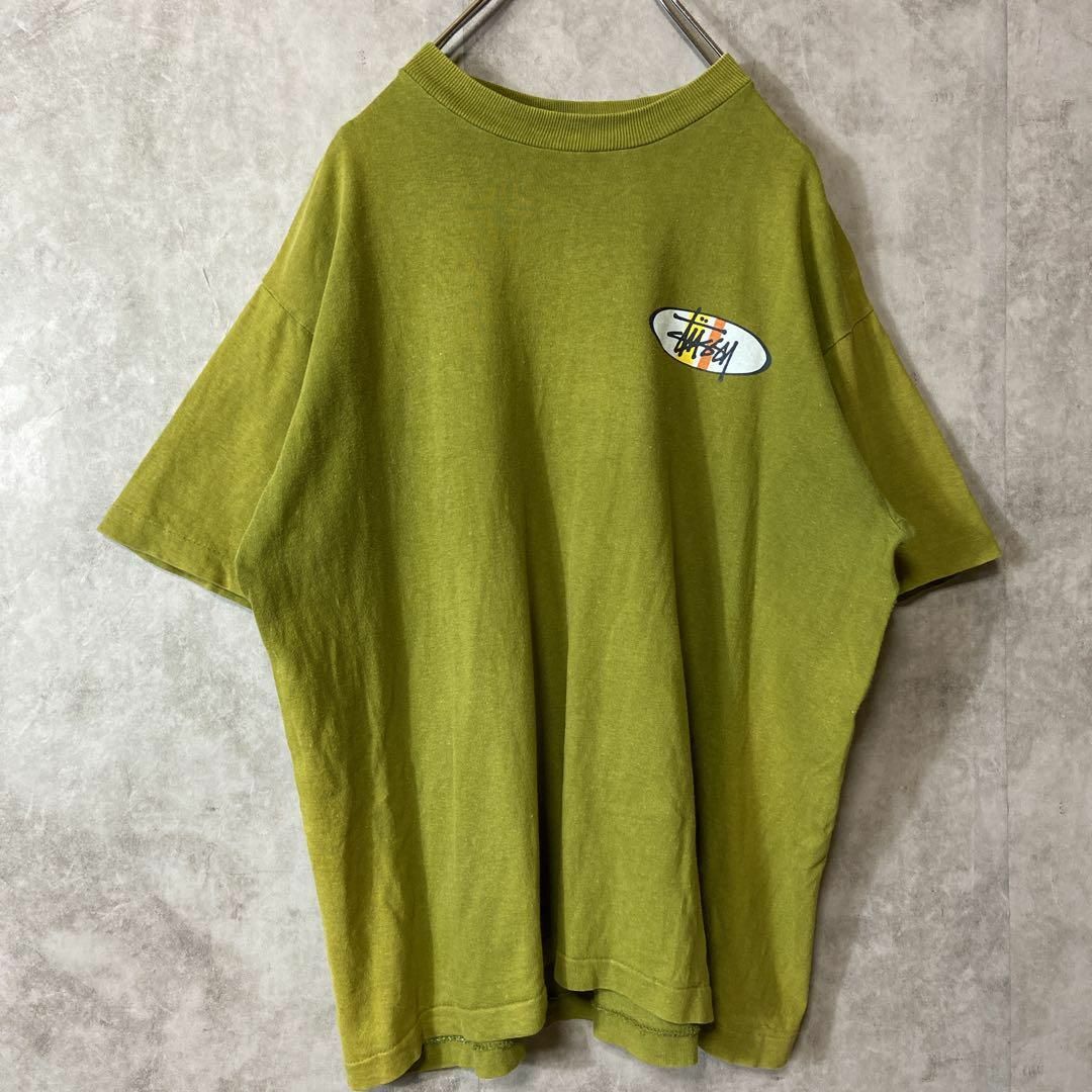 【usa製、90s】stussyバックプリントTシャツ古着ストリート緑M半袖