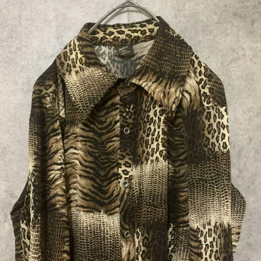 90s vintage 柄シャツ 長袖 メンズ M 個性派 総柄 F3