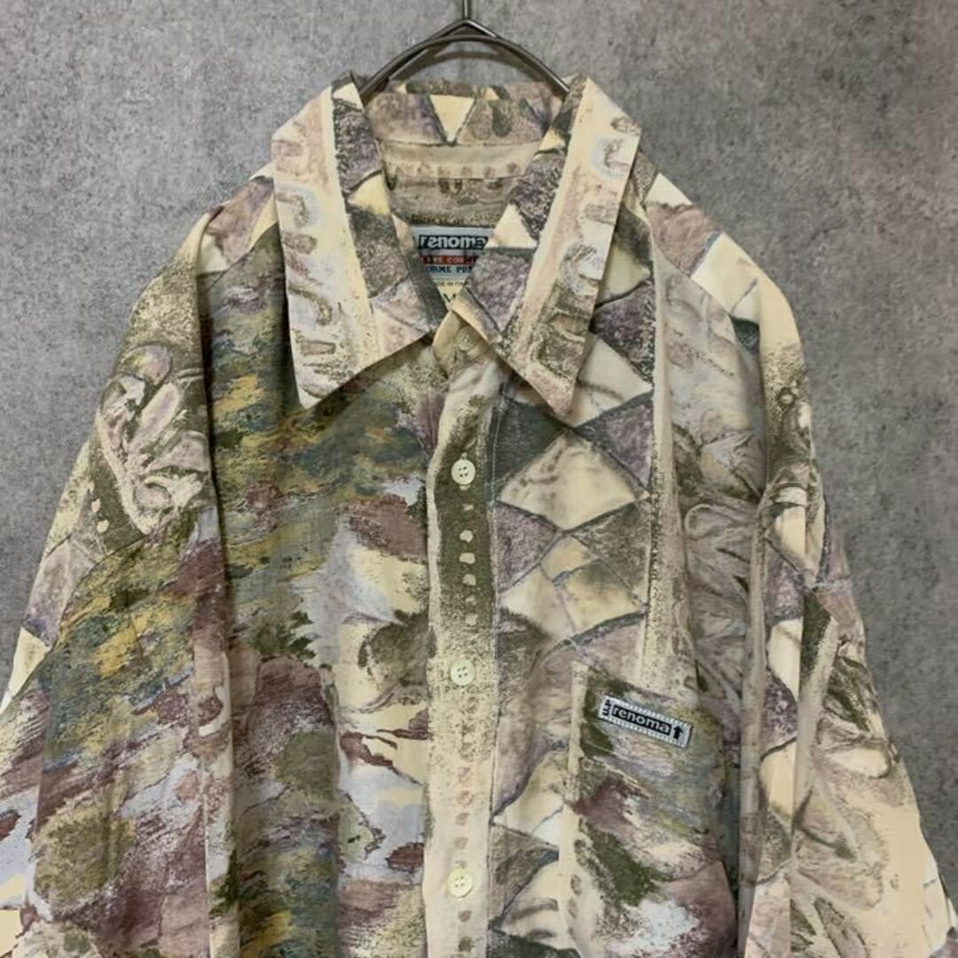 90s vintage 柄シャツ 長袖 メンズ M 個性派 総柄 F3