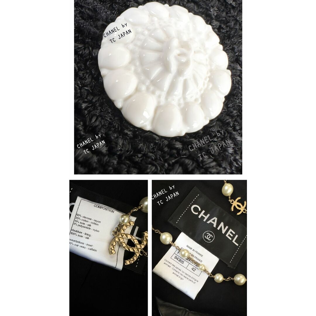 CHANEL(シャネル)の美品 シャネル CHANEL ブラック・カーフレザー襟 カフス付 ツイード・ランウェイ登場 ジャケット ココボタン 40 42 レディースのジャケット/アウター(テーラードジャケット)の商品写真