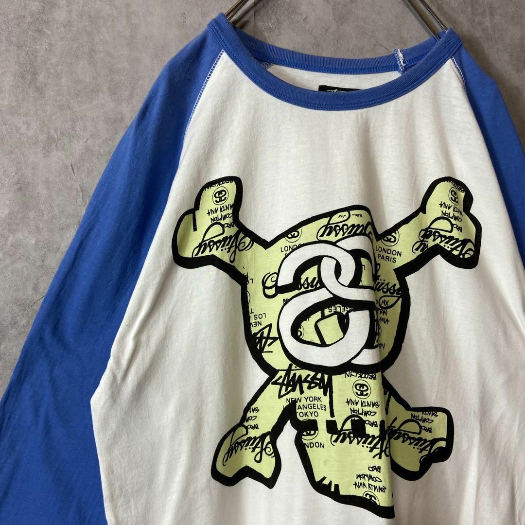 【スカルデザイン、ラグランT】stussyストリート青ブルーsk8グランジ