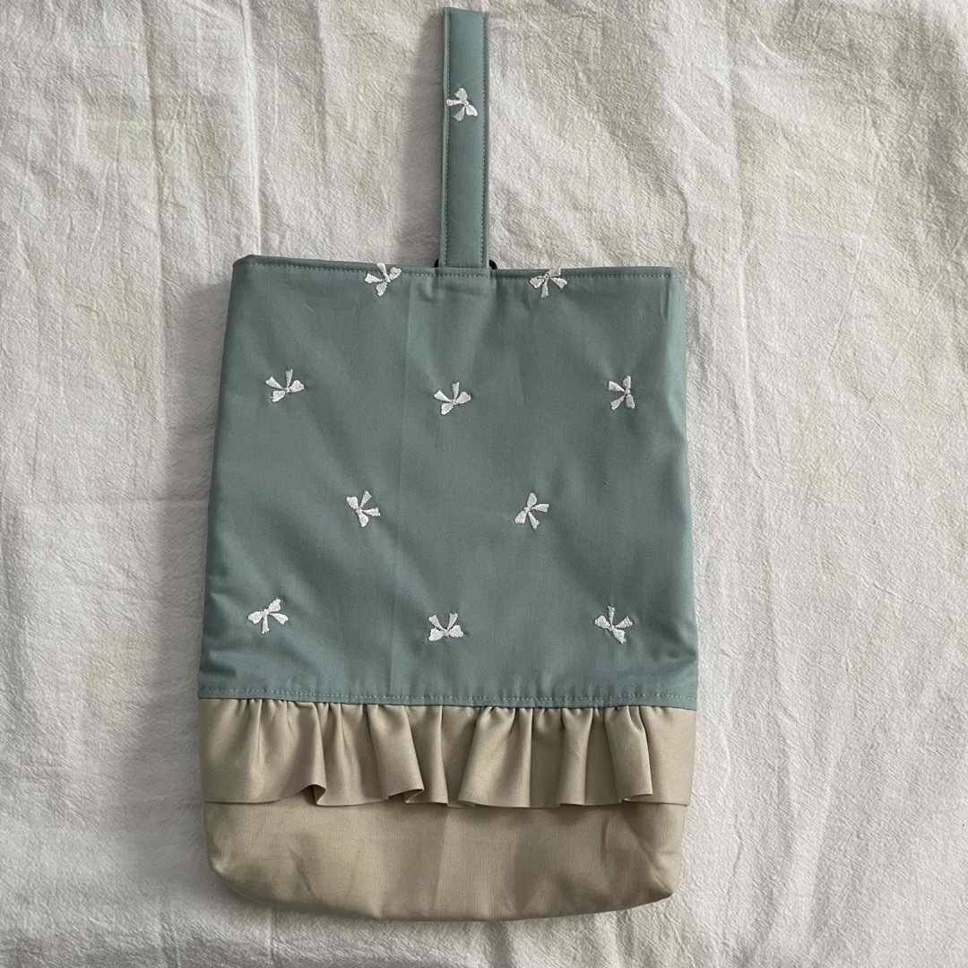 入園入学セット☆リボン刺繍 くすみブルー レッスンバッグ 上履き入れお着替え袋