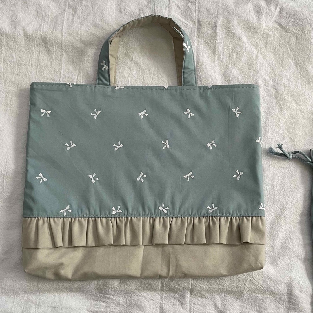 入園入学セット☆リボン刺繍 くすみブルー レッスンバッグ 上履き入れお着替え袋