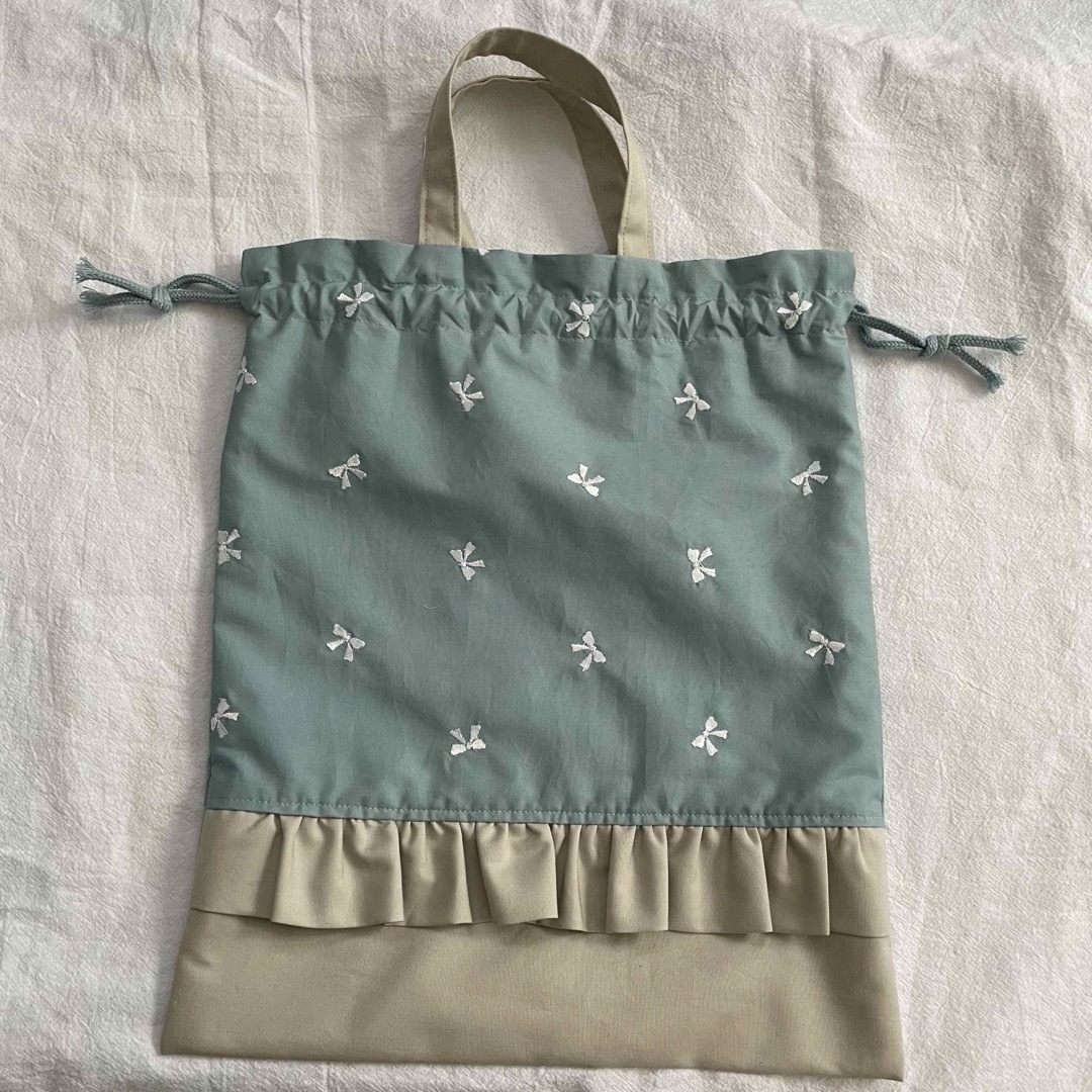 入園入学セット☆リボン刺繍 くすみブルー レッスンバッグ 上履き入れお着替え袋