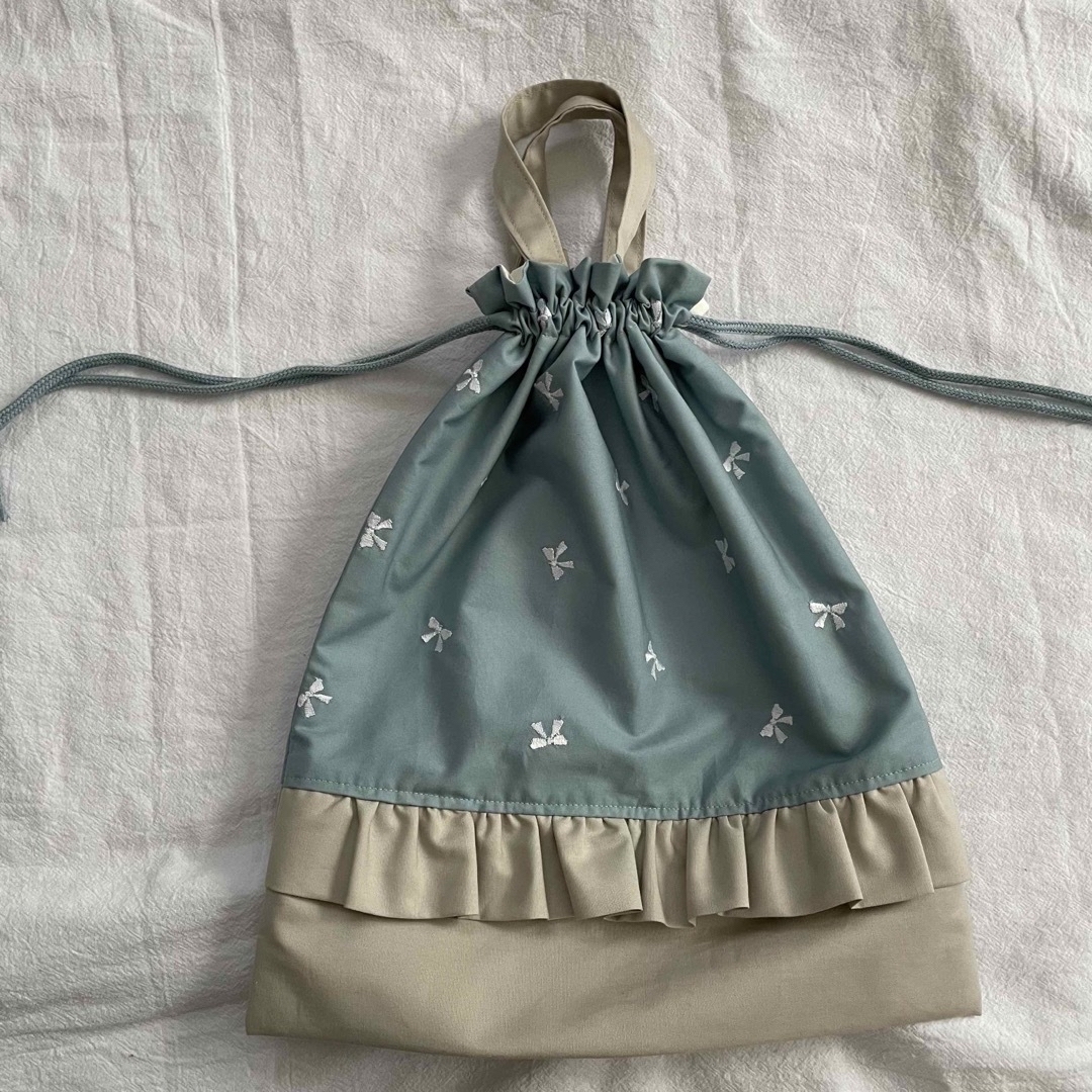 入園入学セット☆リボン刺繍 くすみブルー レッスンバッグ 上履き入れお着替え袋