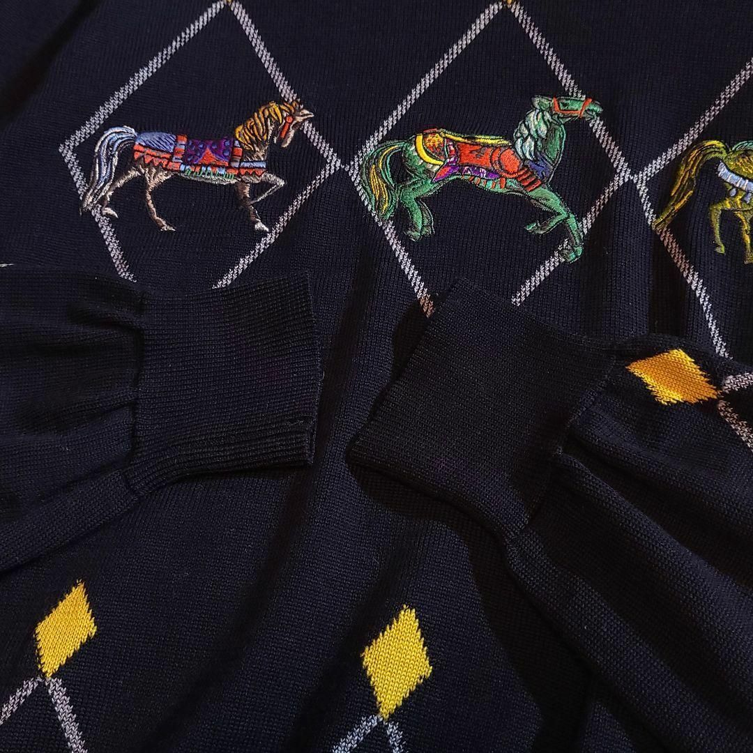 レオナールスポーツ ハイネック セーター ウール 馬刺繍 黒 XL相当 極美品