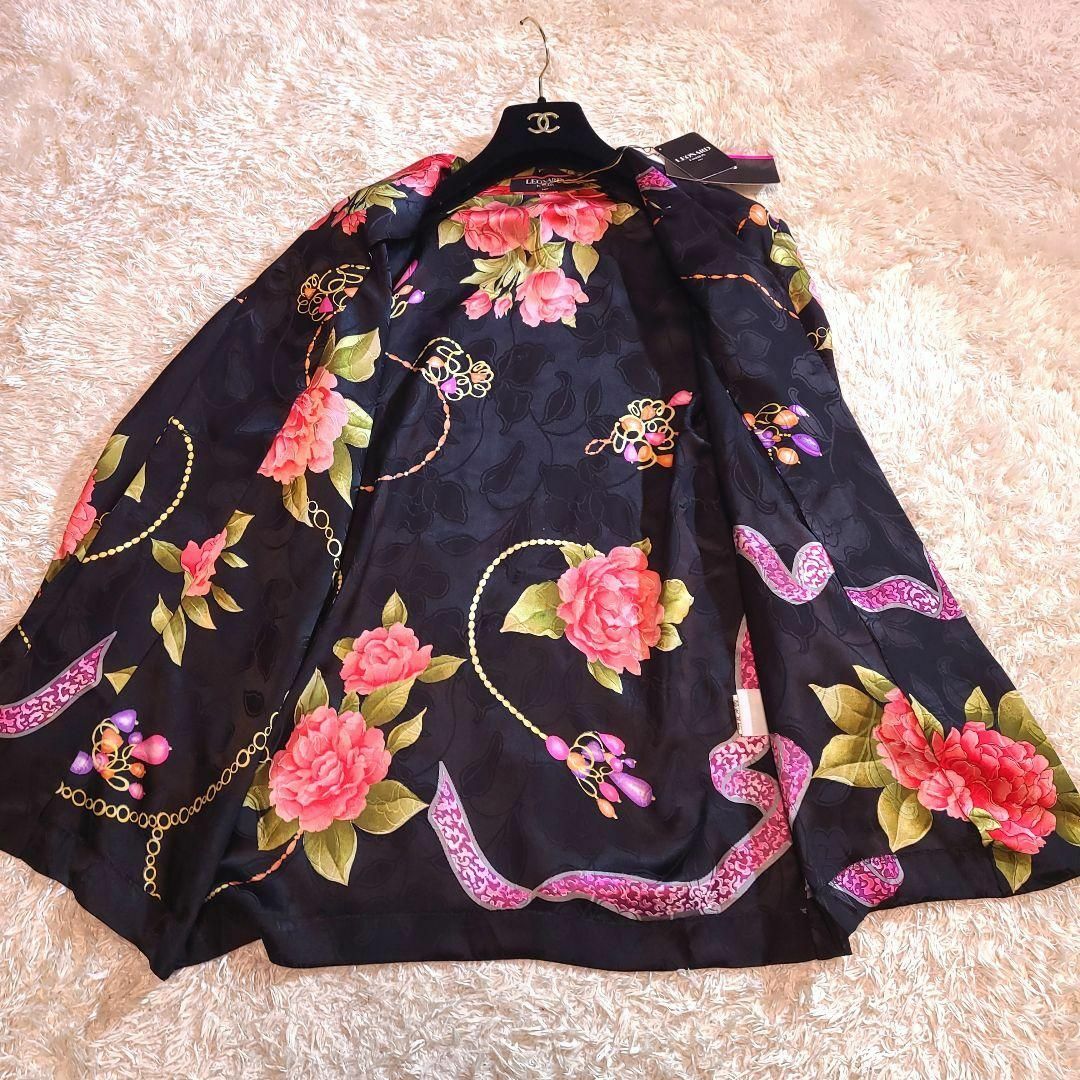 レオナール シルク100% ブラウス シャツ 花柄 トリム 11号 L 新品