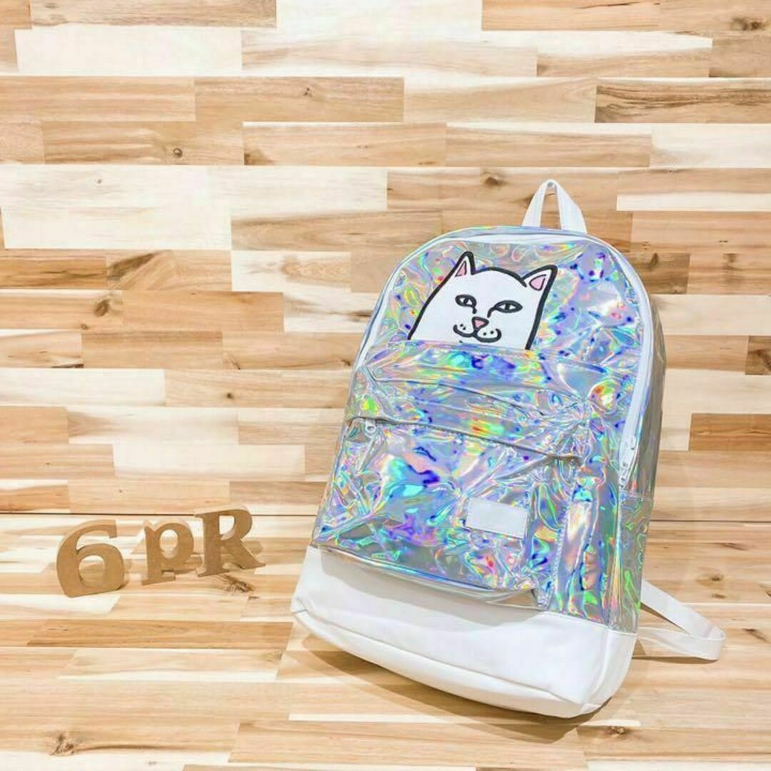 レインボー【リップンディップ】RIPNDIP猫キャット リュック 銀×白キラキラ