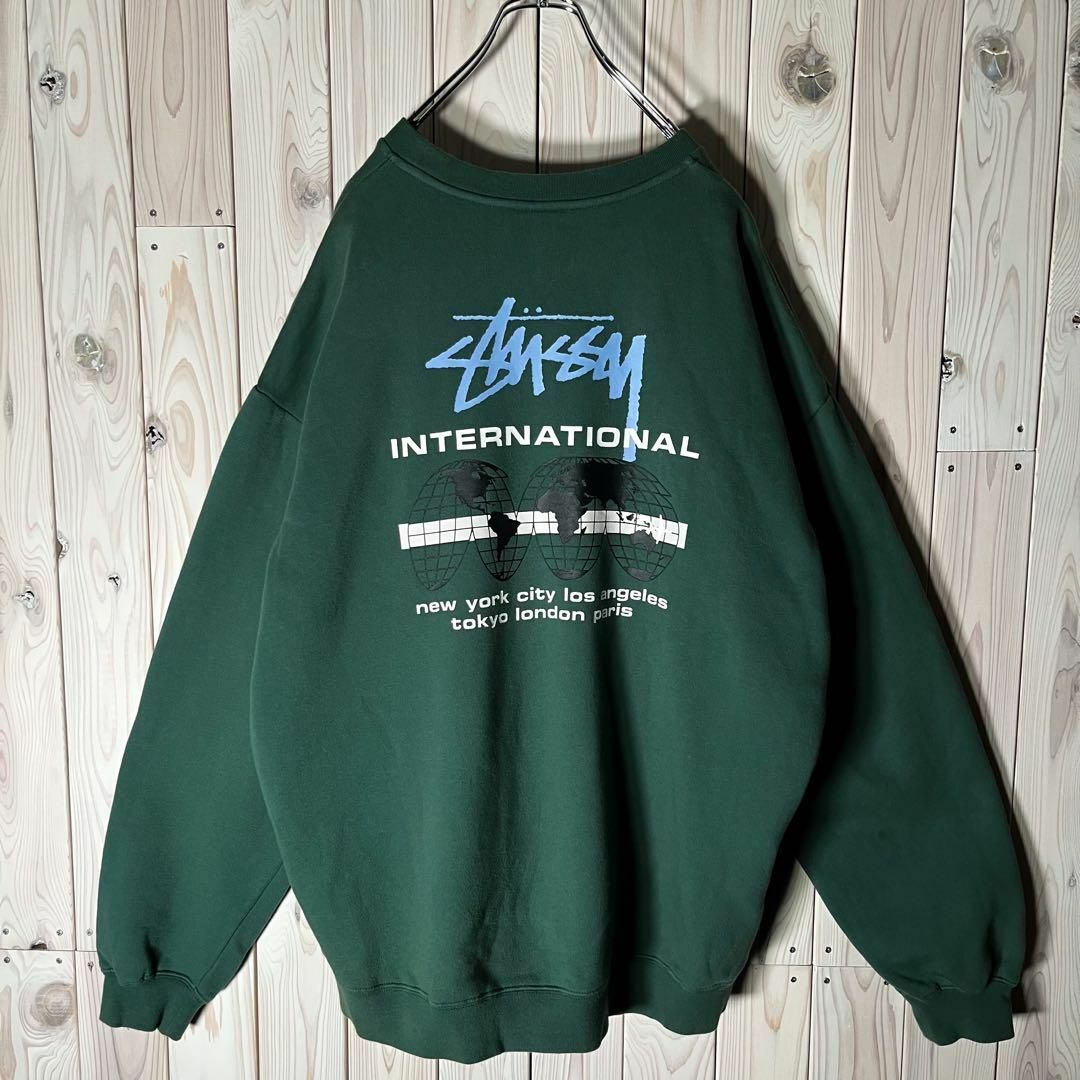 【人気グリーン】stussy センター刺繍ロゴスウェット緑　ストリートM