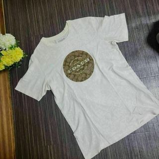 美品 コーチ COACH Tシャツ カットソー 半袖 ショートスリーブ シグネチャー プリント トップス メンズ M ホワイト/ブラウン