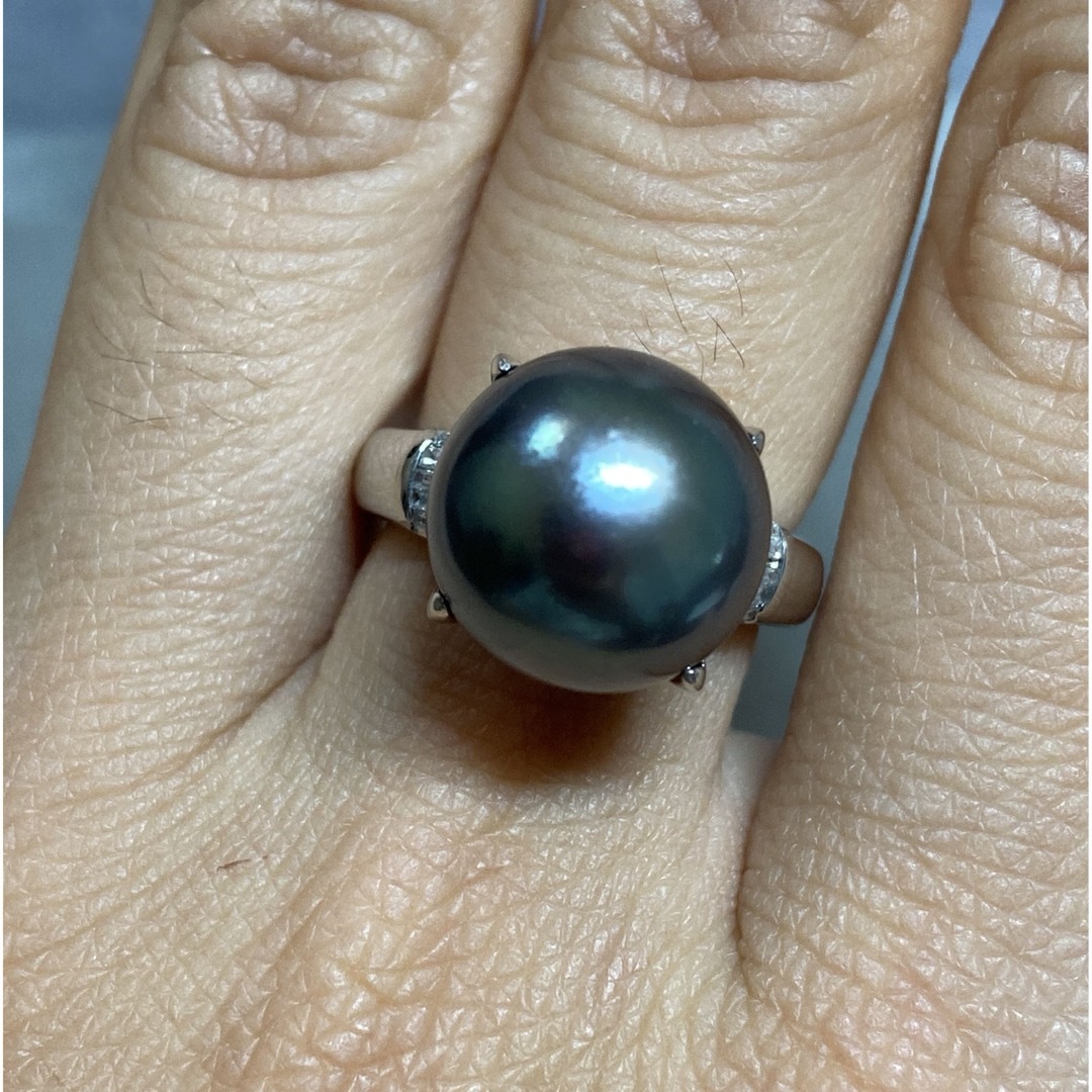 Pt900 　12.3mm 黒蝶パールとダイヤモンドのリング　指輪 レディースのアクセサリー(リング(指輪))の商品写真