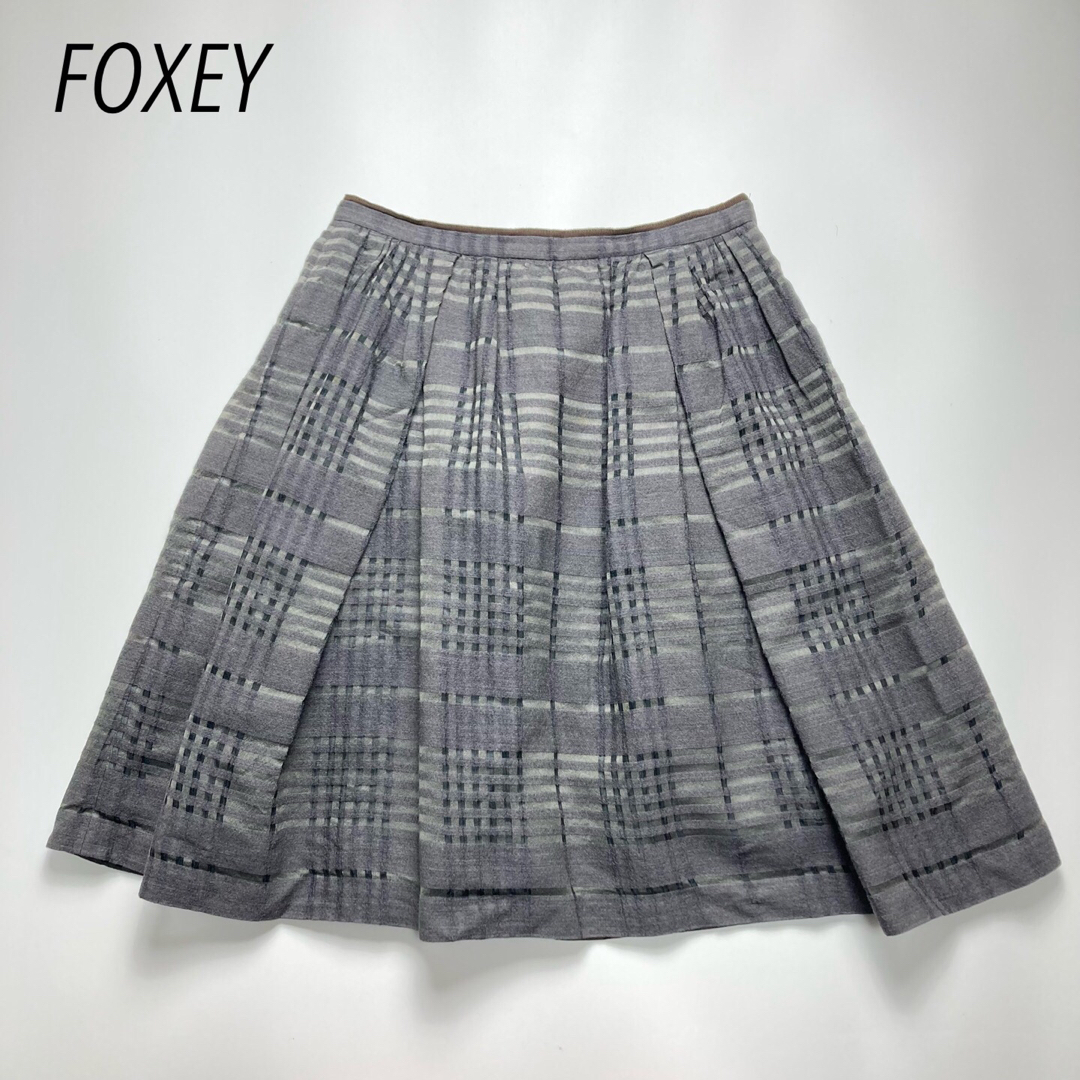 FOXEY フォクシー チェック柄 ウールスカート シルク混-