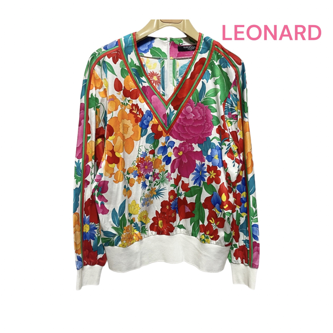 レオナール LEONARD 配色が綺麗なワンピース Ｍ〜Ｌ レオナール 花柄