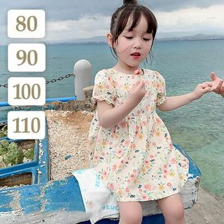 80/90/100/110〔小花柄半袖ワンピース〕子供女の子プティマイン春夏ベベ(ワンピース)