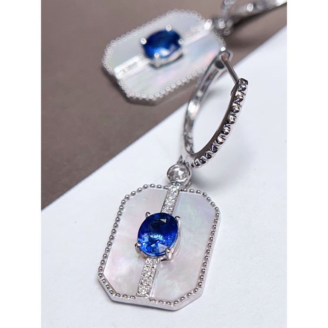 天然ブルーサファイア  シェル白貝 ダイヤ ピアス1.08ct k18 ¥