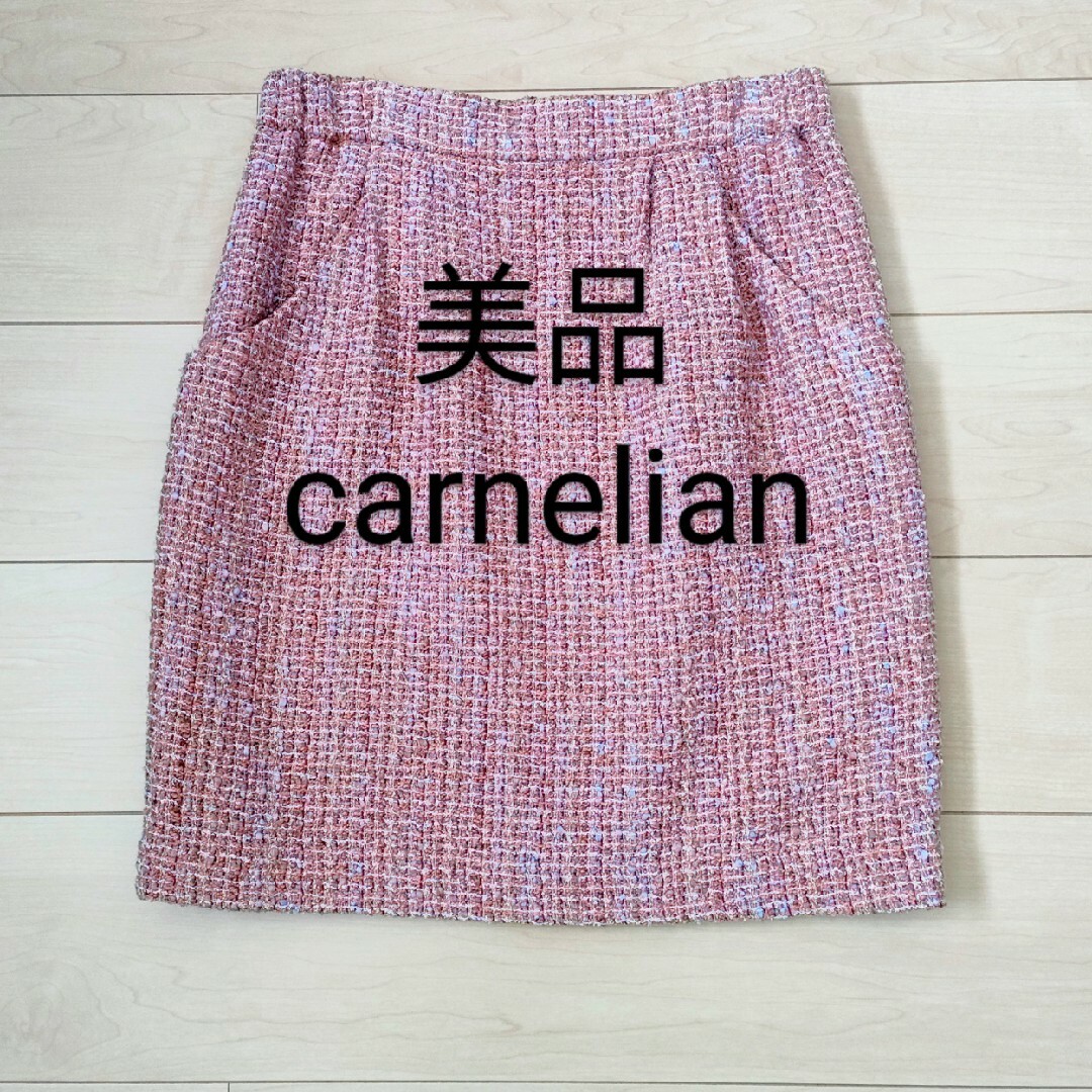 carnelian(カーネリアン)の美品☆カーネリアン　ツイードスカート　オレンジ系　ウエストサイドゴム　ポケット有 レディースのスカート(ひざ丈スカート)の商品写真