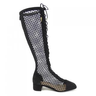 クリスチャンディオール Christian Dior ブーツ ロングブーツ カーフレザー キャンバス ヒール シューズ 靴 レディース 37 1/2(24.5cm相当) ブラウン/ベージュ