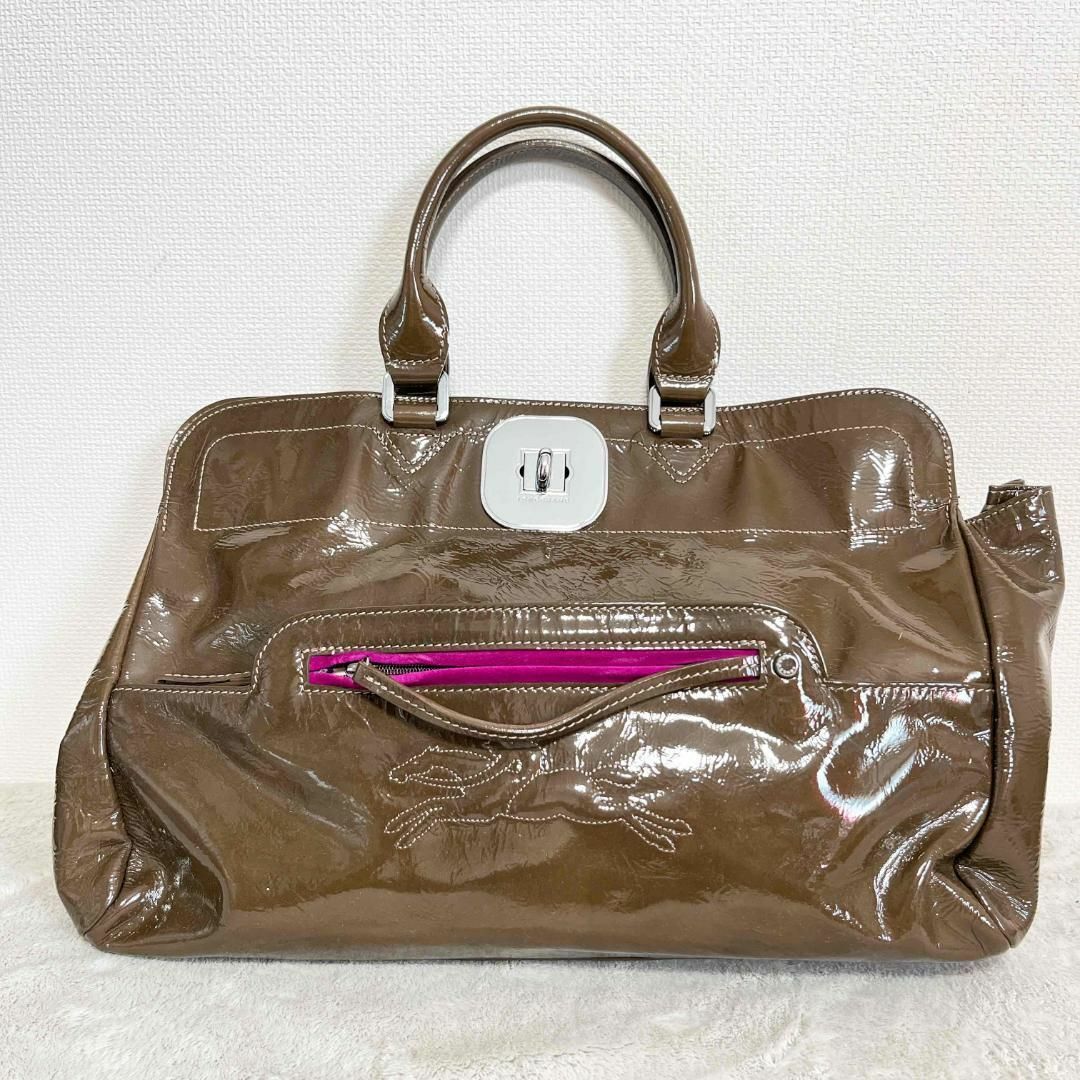 LONGCHAMP(ロンシャン)の美品✨Longchamp ロンシャンハンドバッグトートバッグブラウンエナメル レディースのバッグ(トートバッグ)の商品写真