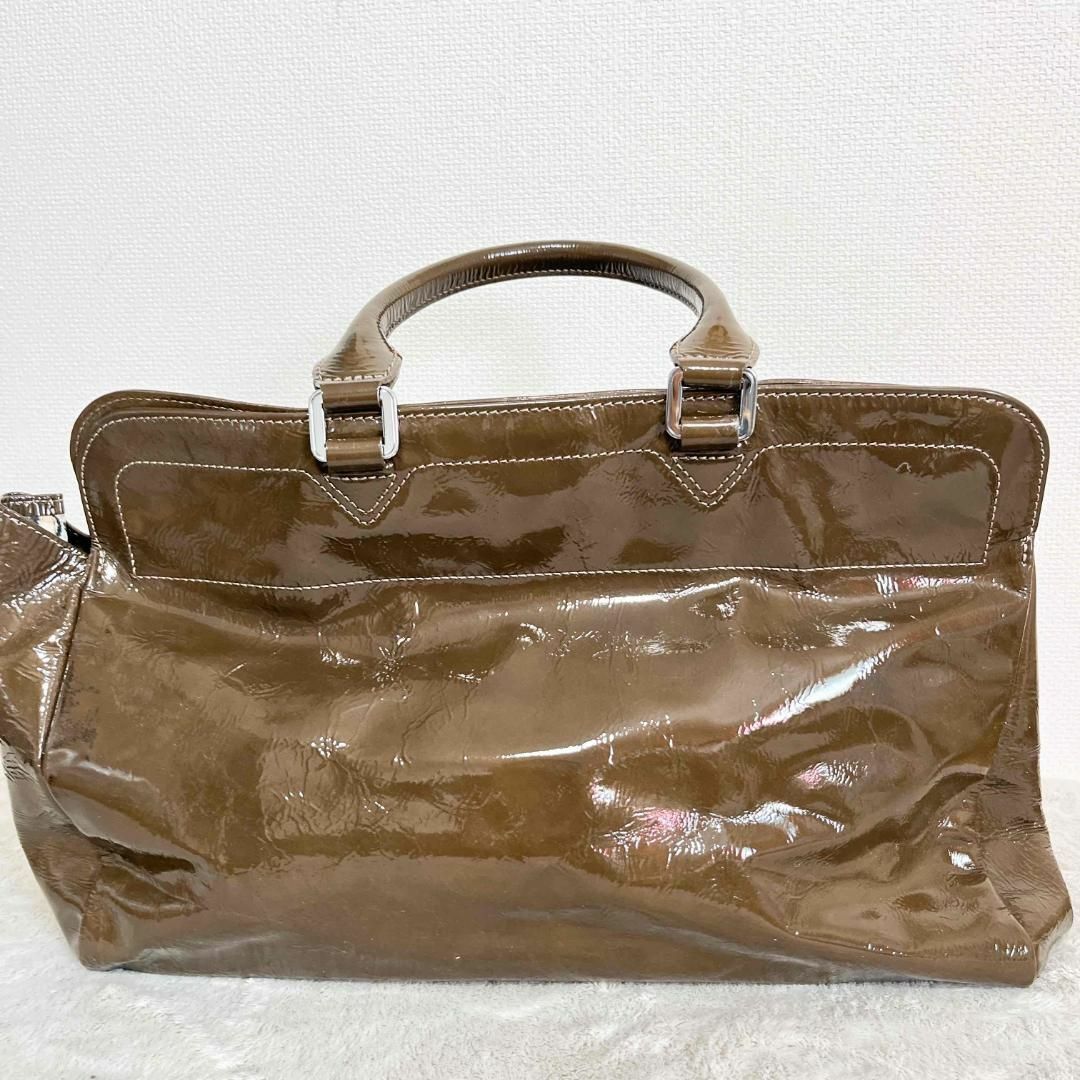 LONGCHAMP(ロンシャン)の美品✨Longchamp ロンシャンハンドバッグトートバッグブラウンエナメル レディースのバッグ(トートバッグ)の商品写真