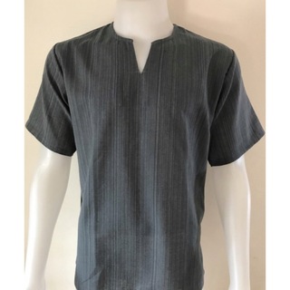 Tシャツ　Vネック　半袖　シンプル　エスニック　アジアン　グレー  L(Tシャツ(半袖/袖なし))