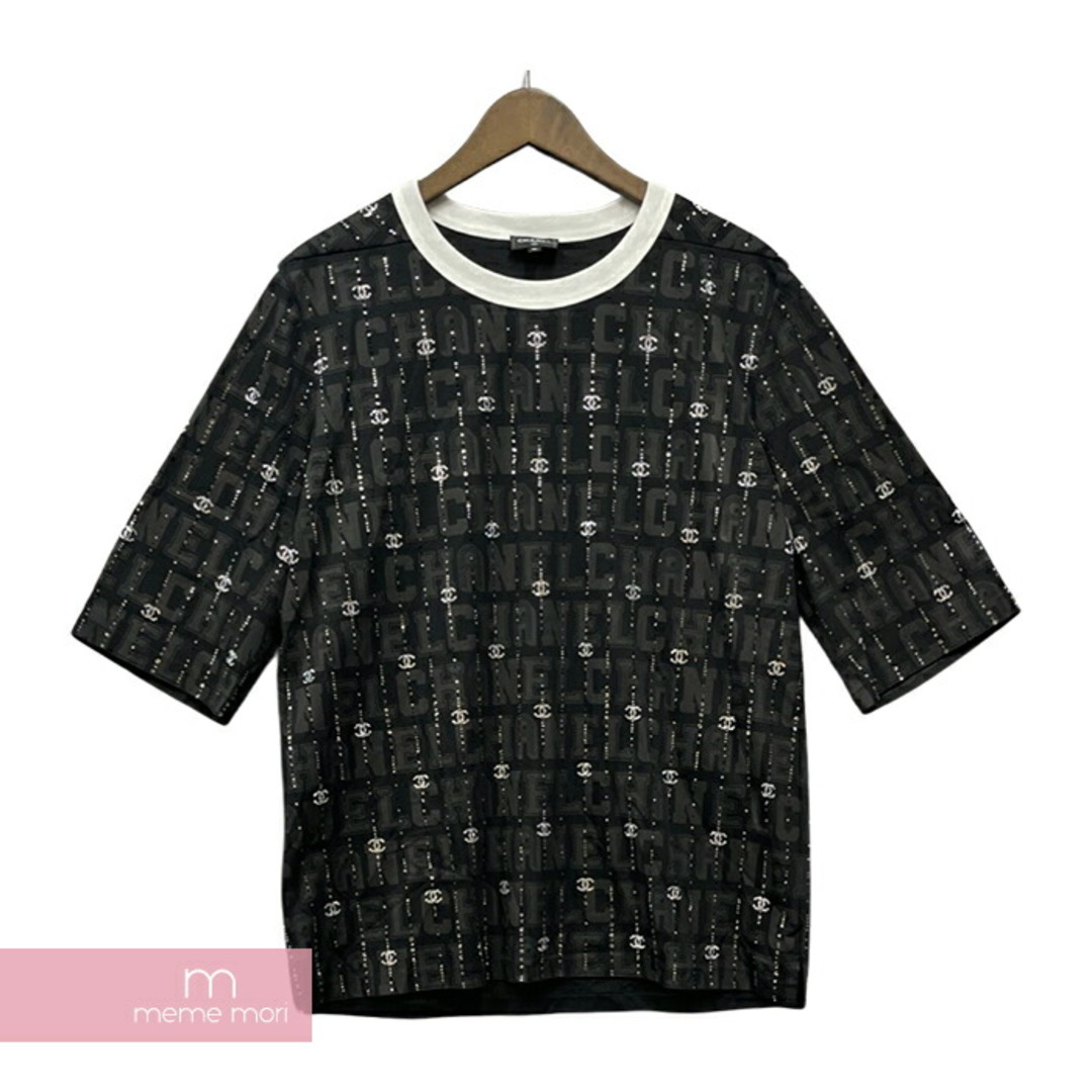 CHANEL 2023Cruise Rhinestone Tee P74162K10653 シャネル ラインストーンTシャツ 半袖カットソー ココマーク 総柄ロゴ ブラック サイズXL 【231028】【-A】【me04】Tシャツ/カットソー(半袖/袖なし)