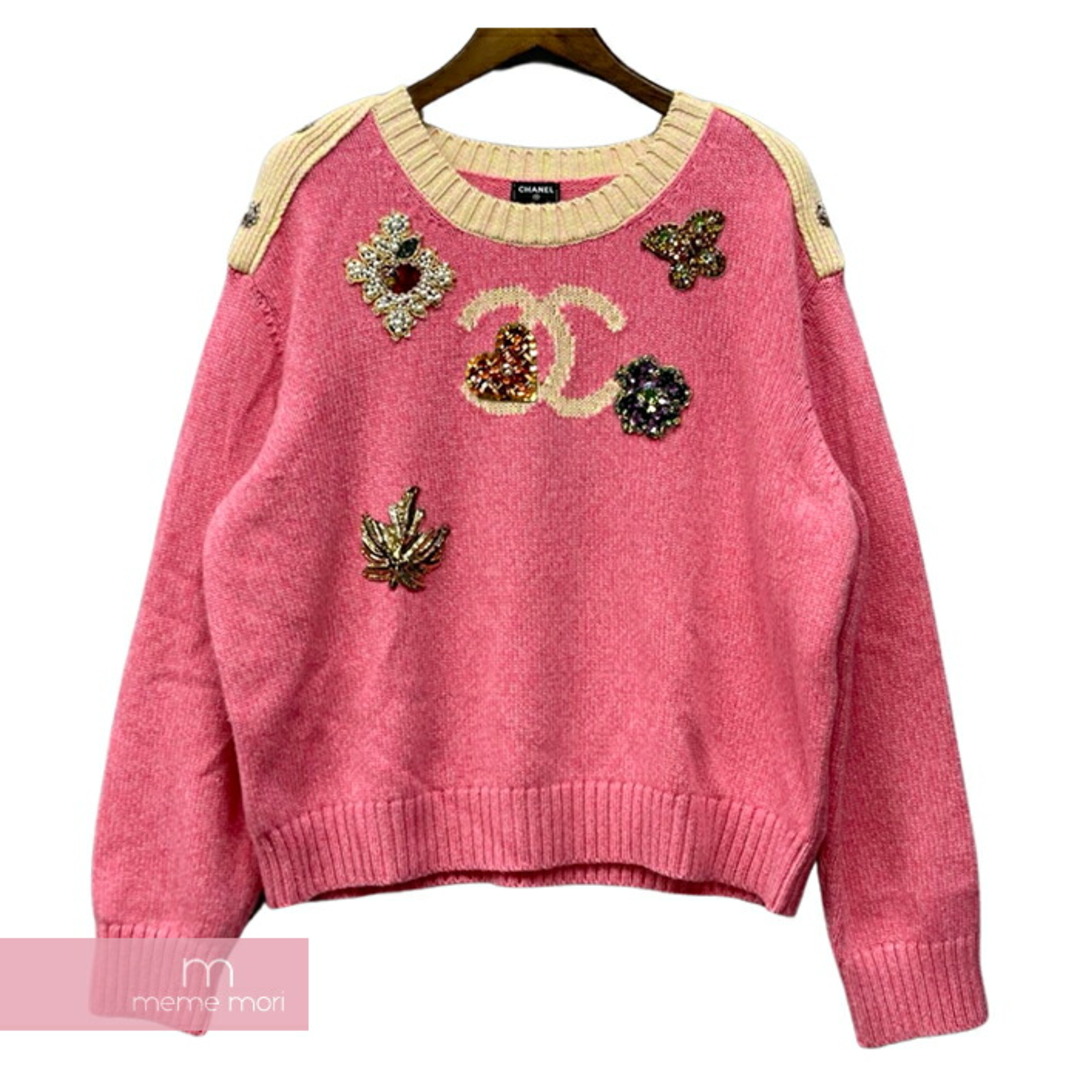 CHANEL 2022AW Bijou Cashmere Sweater P73811 10586 NK853 シャネル ビジューカシミヤセーター ニット ココマーク ラインストーン スパンコール ハート 肩ボタン ピンク サイズ50 【231028】【-A】【me04】メンズ