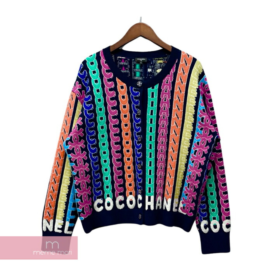 CHANEL 2021AW Cocomark Cashmere Cardigan P71615K10304 シャネル ココマークカシミカーディガン ニット 総柄ロゴ ボタン装飾 ネイビー×マルチカラー サイズ50 【231028】【-A】【me04】カーディガン