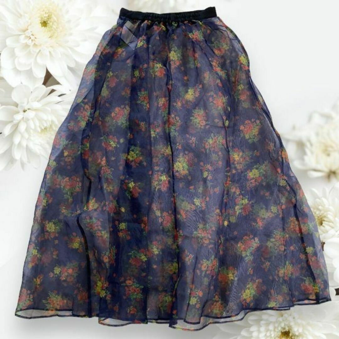 Lily Brown(リリーブラウン)のLily Brown リリーブラウン チュール フレアスカート シアー 花柄 紺 レディースのスカート(ロングスカート)の商品写真